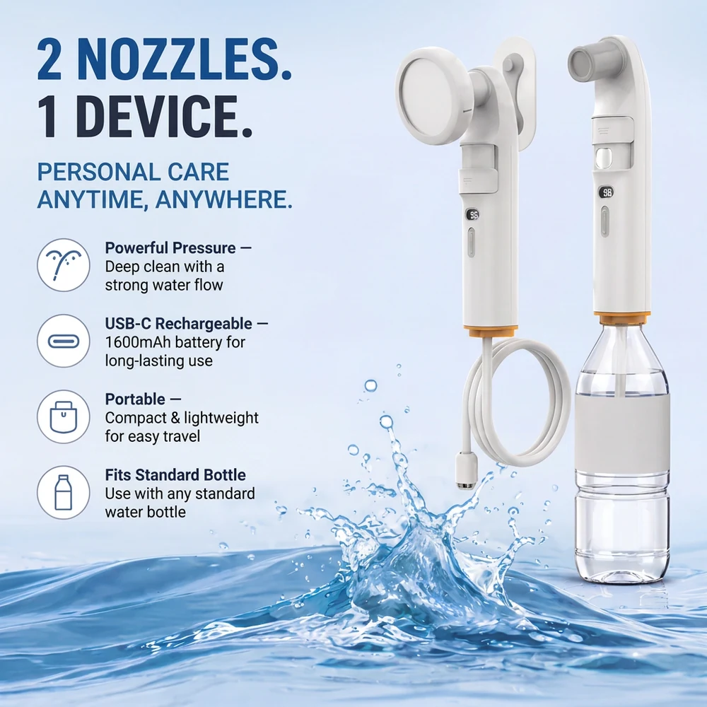 2 nozzles, 1 device — personal care anytime, anywhere