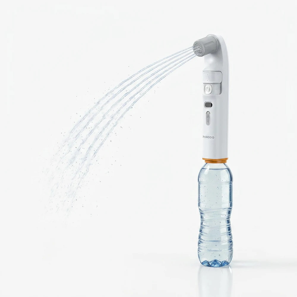 Portable bidet screwed onto a standard water bottle, spraying a wide fan of water