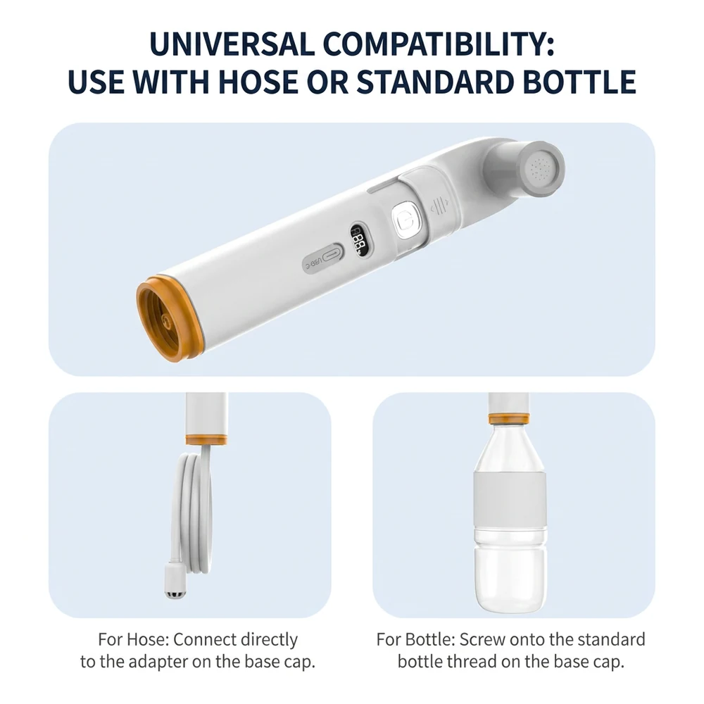 Universal compatibility — connect the 1.2m hose to the base cap adapter, or screw the base cap onto any standard bottle thread