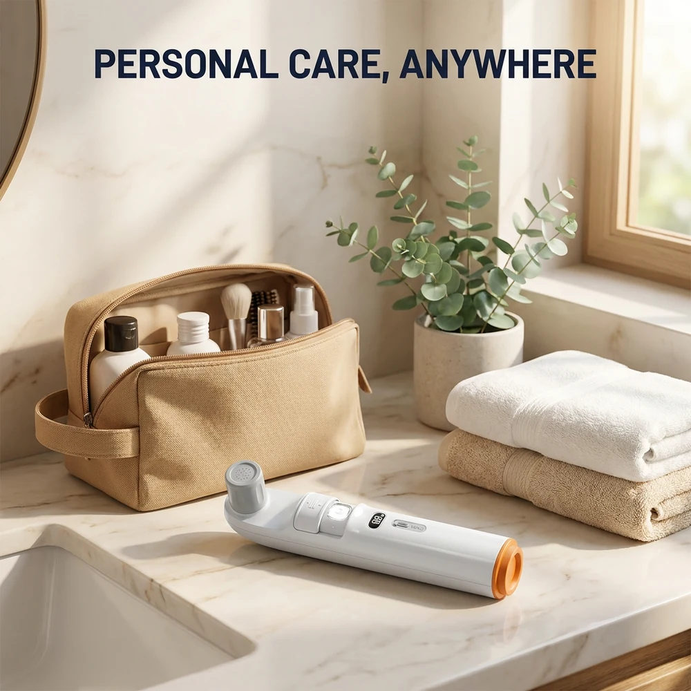 Personal care, anywhere — the Pocket Bidet resting on a bathroom counter beside a travel wash bag and towels