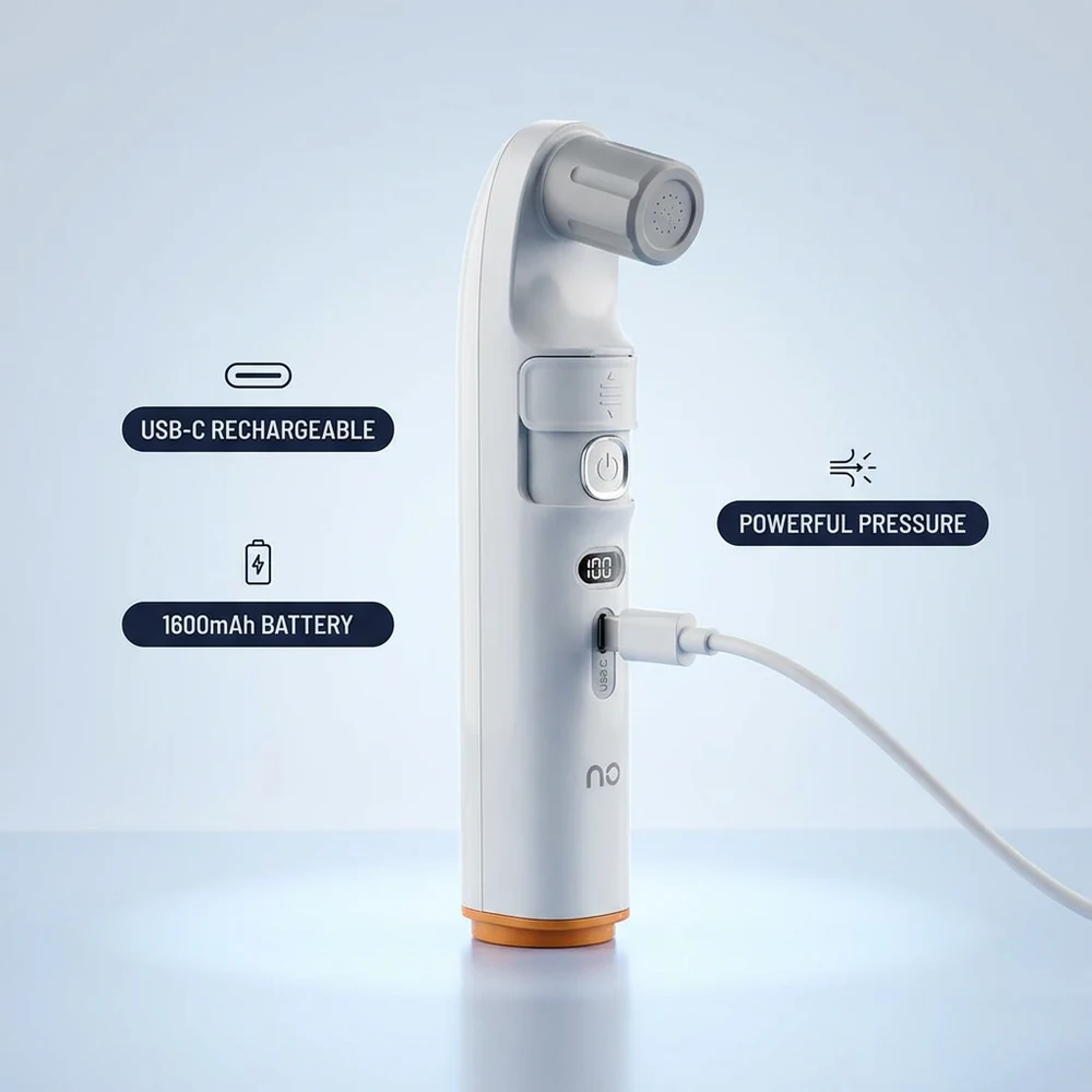 USB-C rechargeable, 1600mAh battery and powerful pressure — charging via the USB-C port